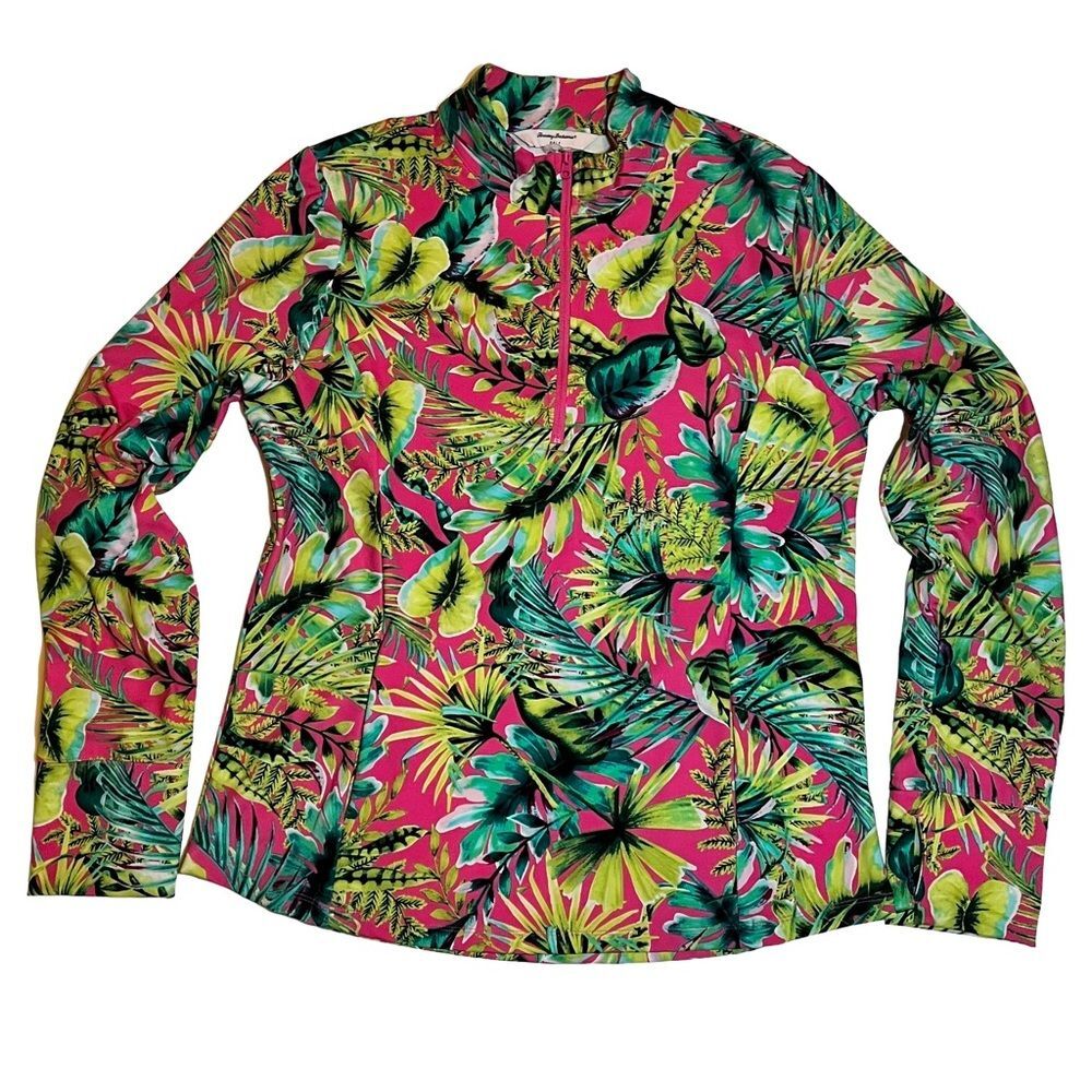 Tommy Bahama Golf Pink Green Floral Quarter Zip Athletic Stretch size Large